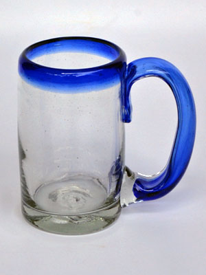 Wholesale MEXICAN GLASSWARE / 'Cobalt Blue Rim' beer mugs  / Imagine drinking a cold beer in one of these mugs right out of the freezer, the cobalt blue handle and rim makes them a standout in any home bar.